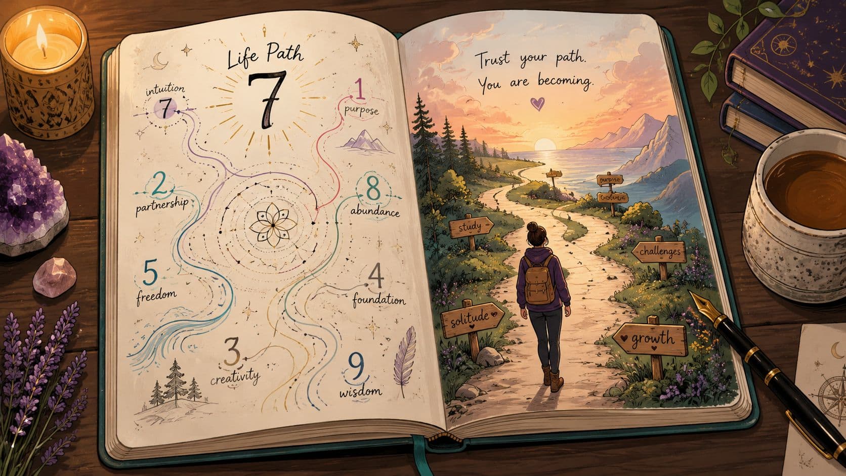 An open journal showing a life path diagram and a woman walking along a scenic nature trail.