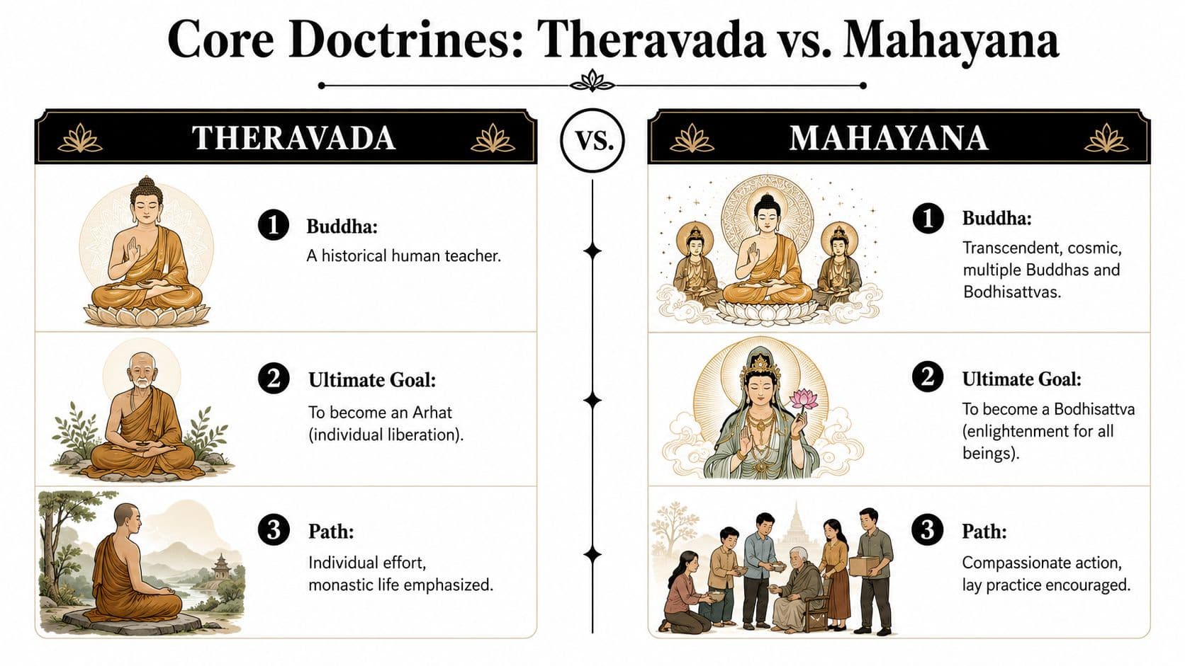 A comparison chart outlining the core doctrinal differences between Theravada and Mahayana Buddhism with illustrative icons.