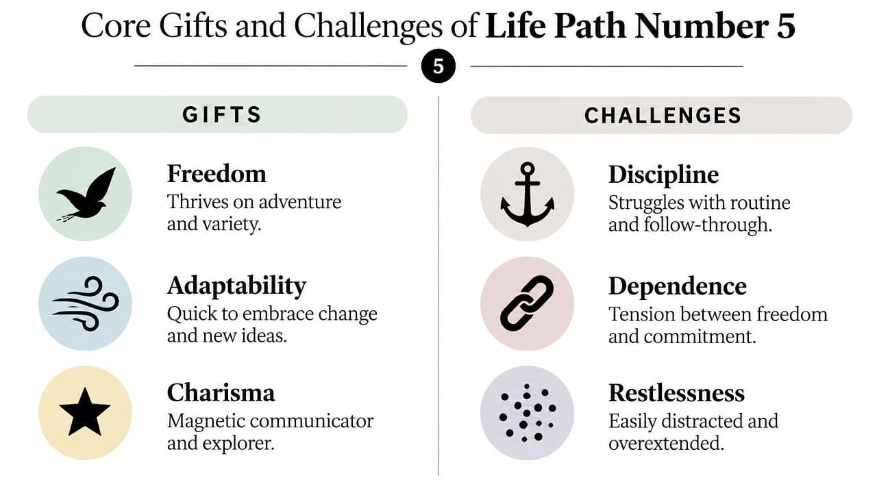 An infographic detailing the core gifts and challenges associated with Life Path Number 5 in numerology.