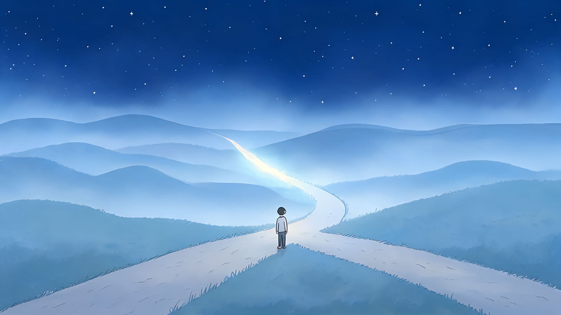 A minimalist illustration of a person standing at a crossroads under a vast, starry night sky.