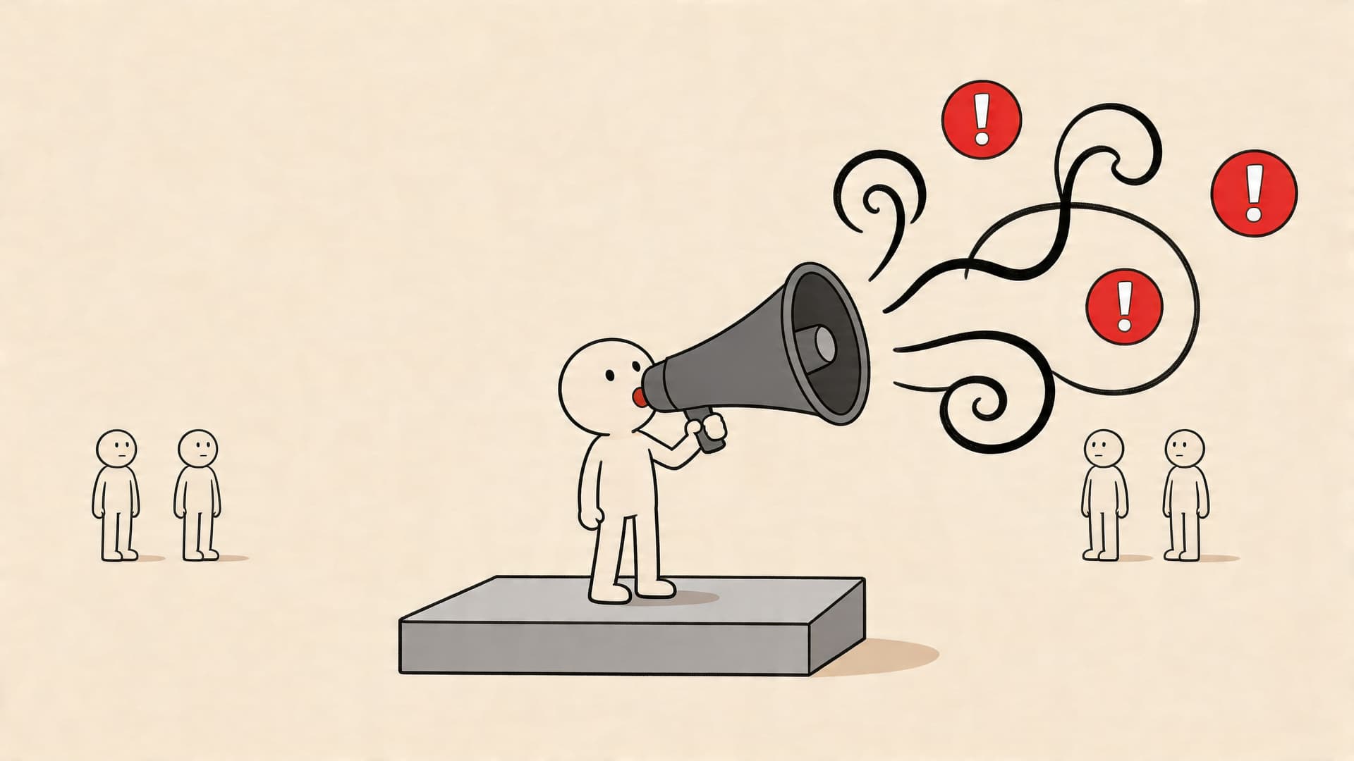 A cartoon character shouting through a megaphone at a group of people, symbolizing loud negative communication.