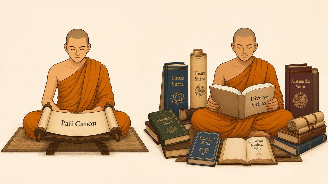 A Buddhist monk reading the Pali Canon alongside another monk studying various Mahayana sutras and scriptures.