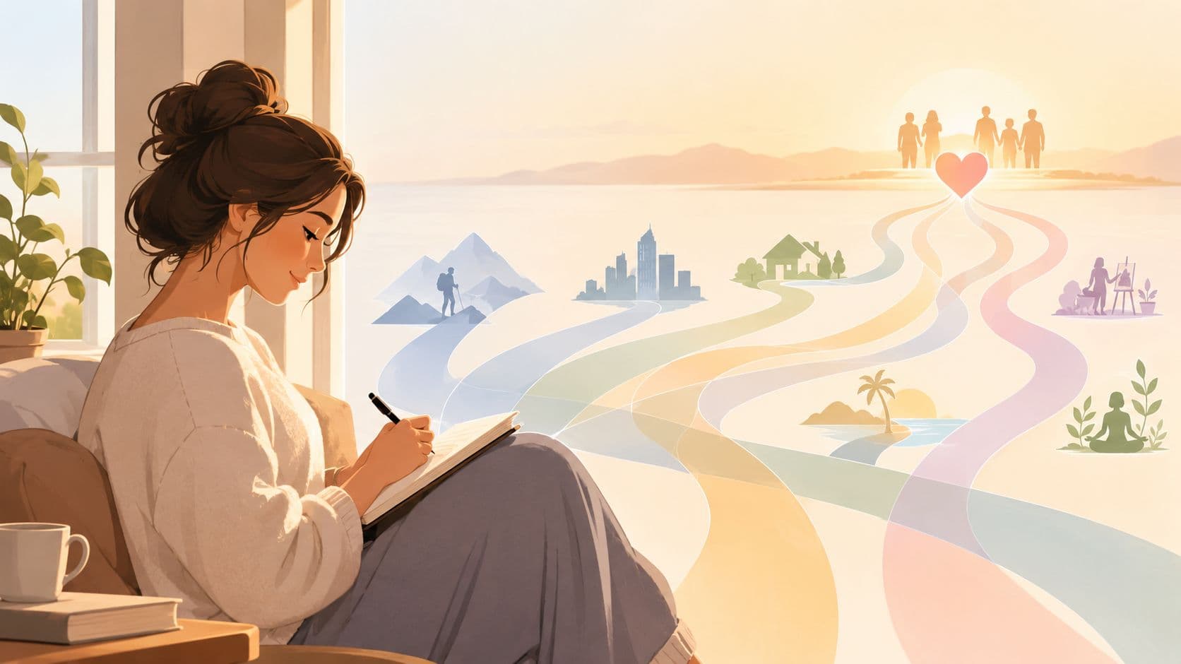 A woman writing in a journal while visualizing various life paths leading toward a glowing family silhouette.