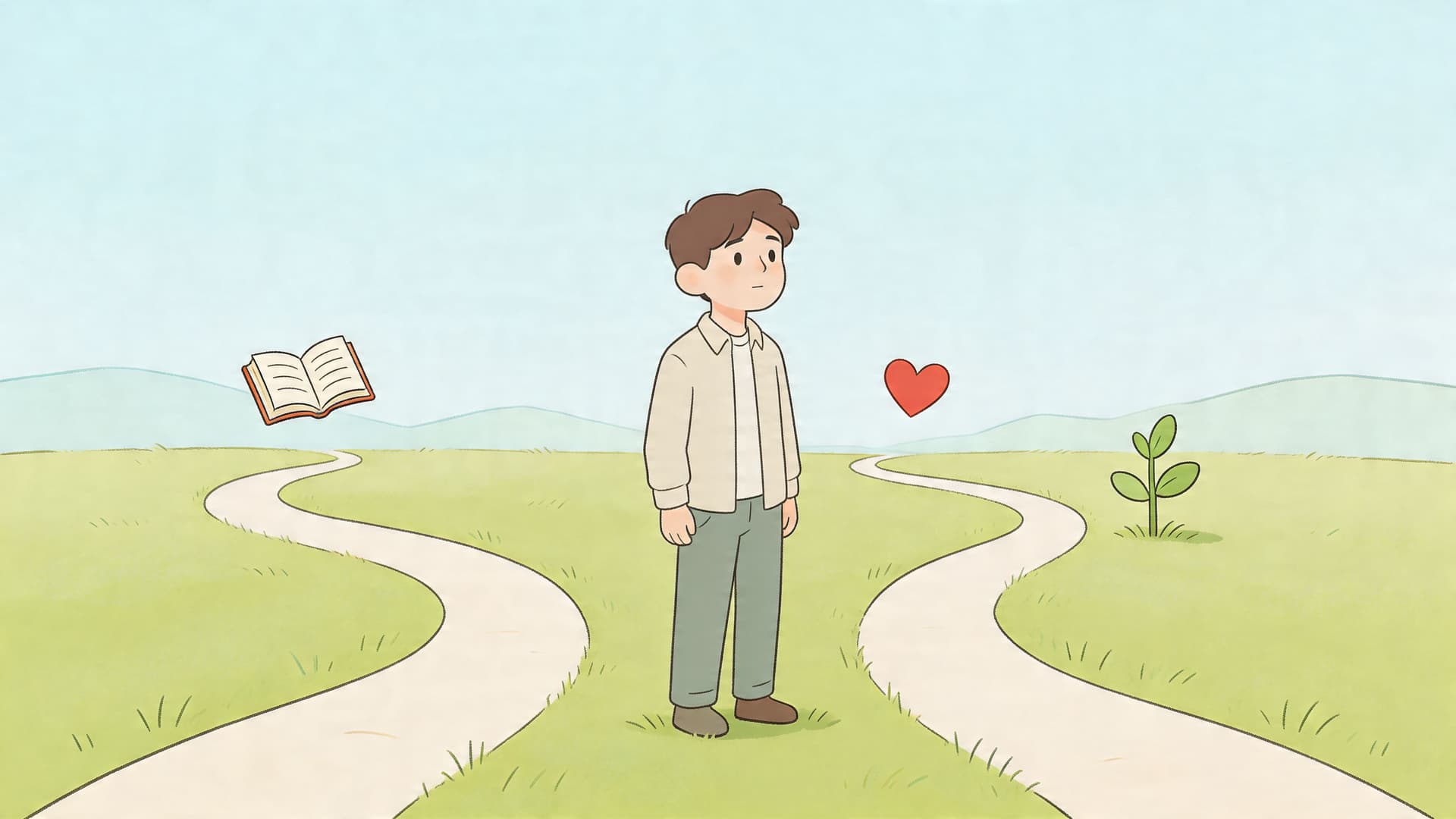 A young boy standing in a grassy field at a crossroads choosing between a book and love.