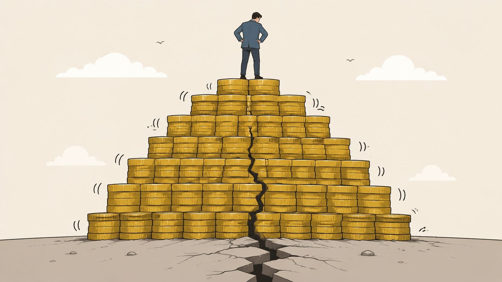 A businessman stands atop a large, unstable pyramid of golden coins that is cracking down the middle.