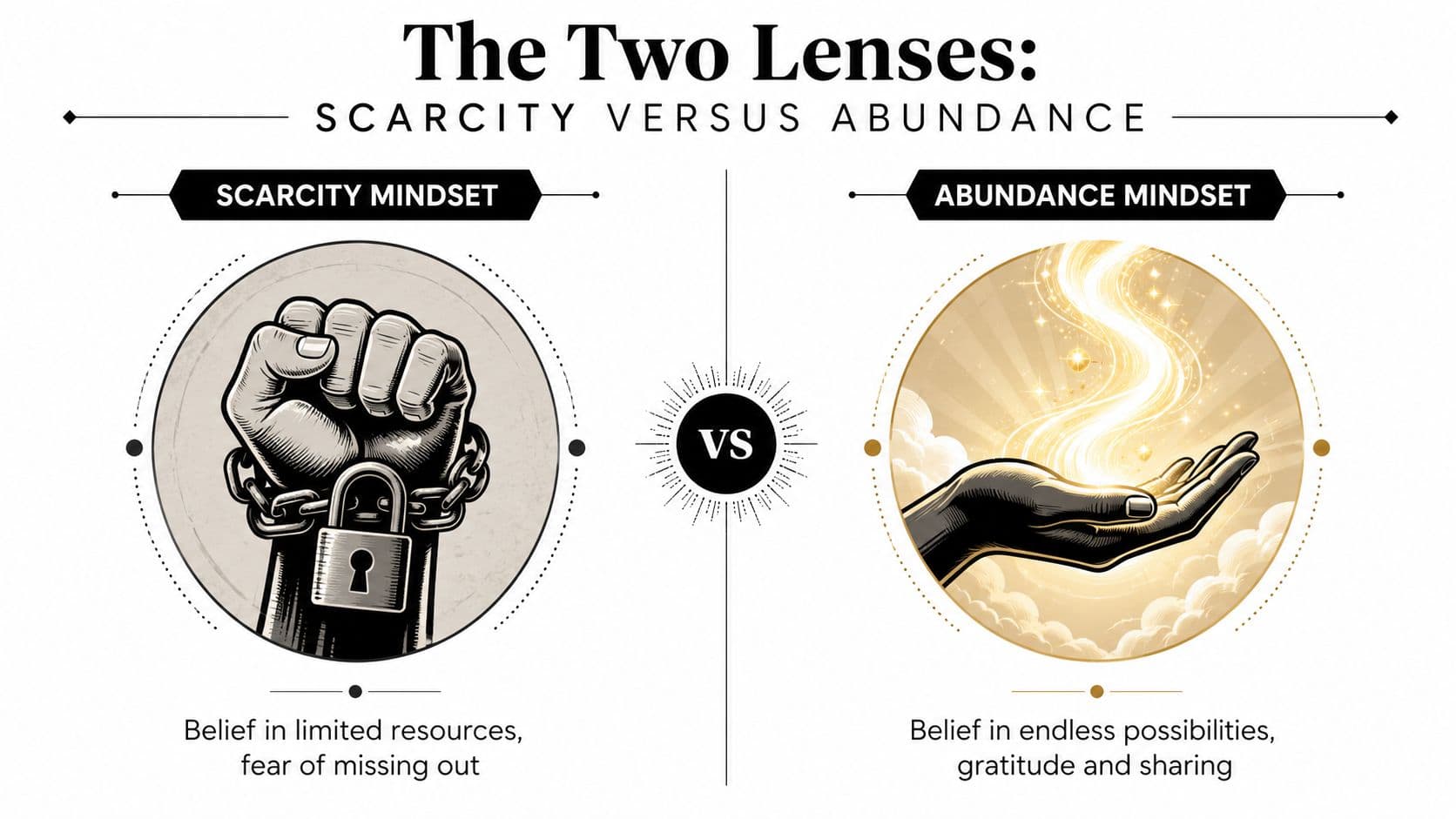A visual comparison between a scarcity mindset, shown as a chained fist, and an abundance mindset, showing light.