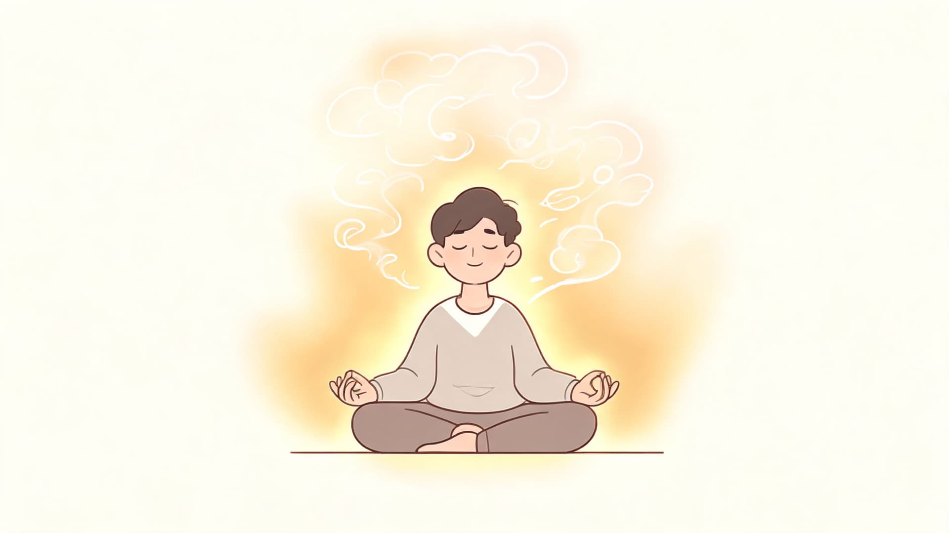 A gentle illustration of a person meditating peacefully with an glowing golden aura and swirling smoke clouds.