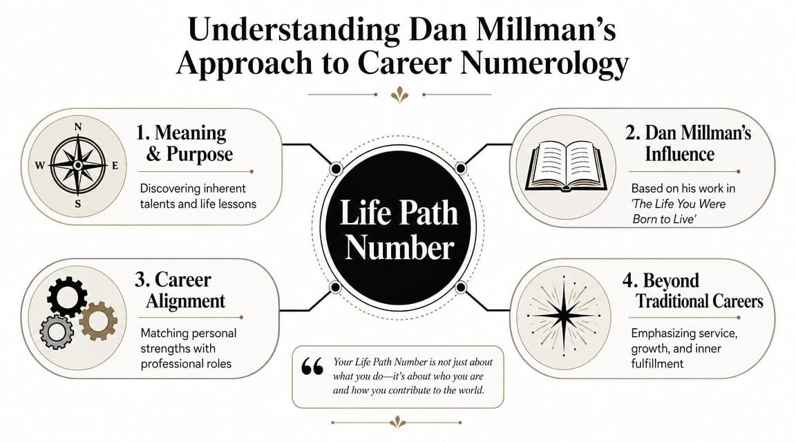 An infographic detailing Dan Millman's four-step approach to career numerology and finding one's life path number.