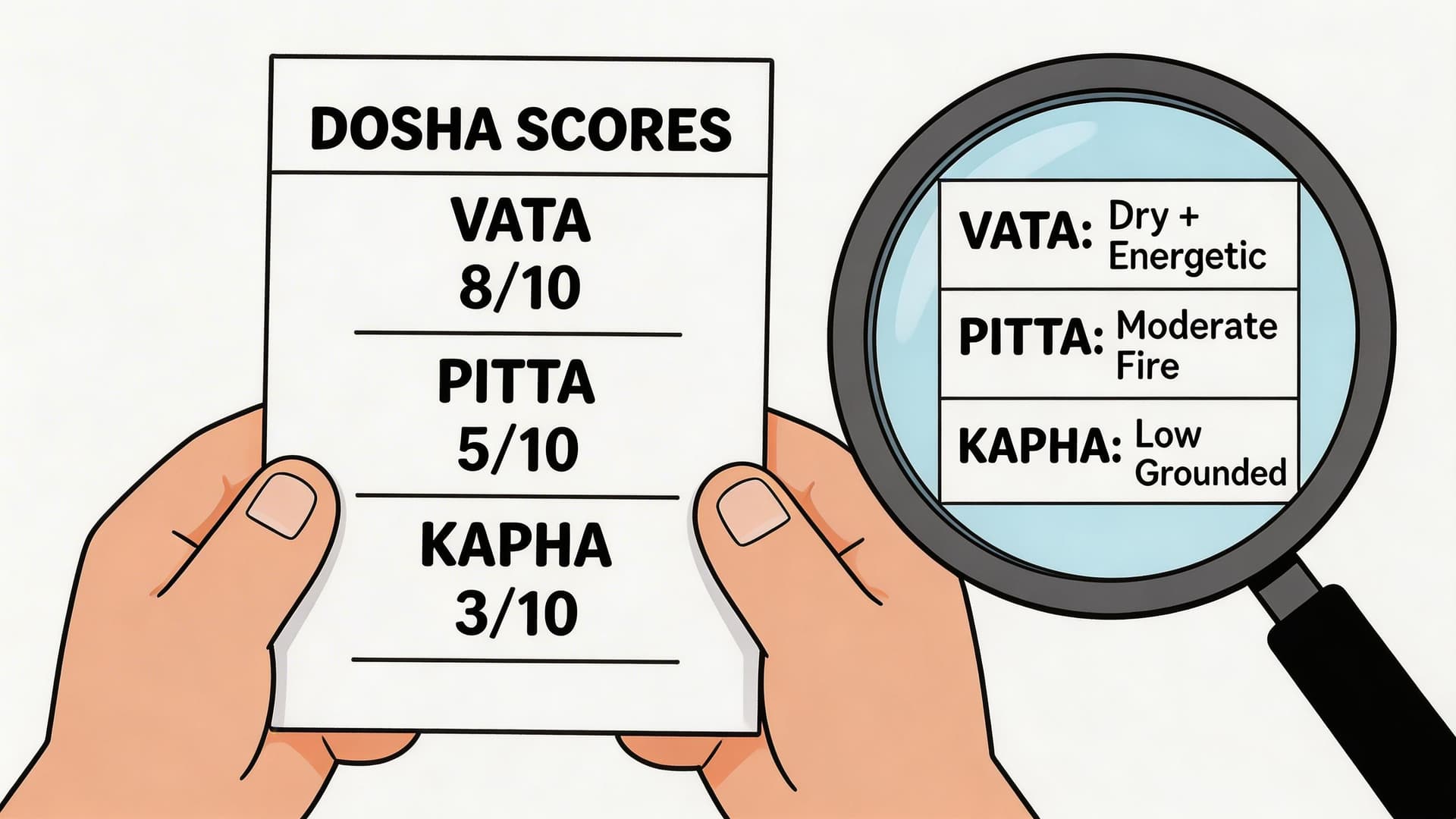 A pair of hands holding a paper with ayurvedic dosha scores viewed through a magnifying glass.