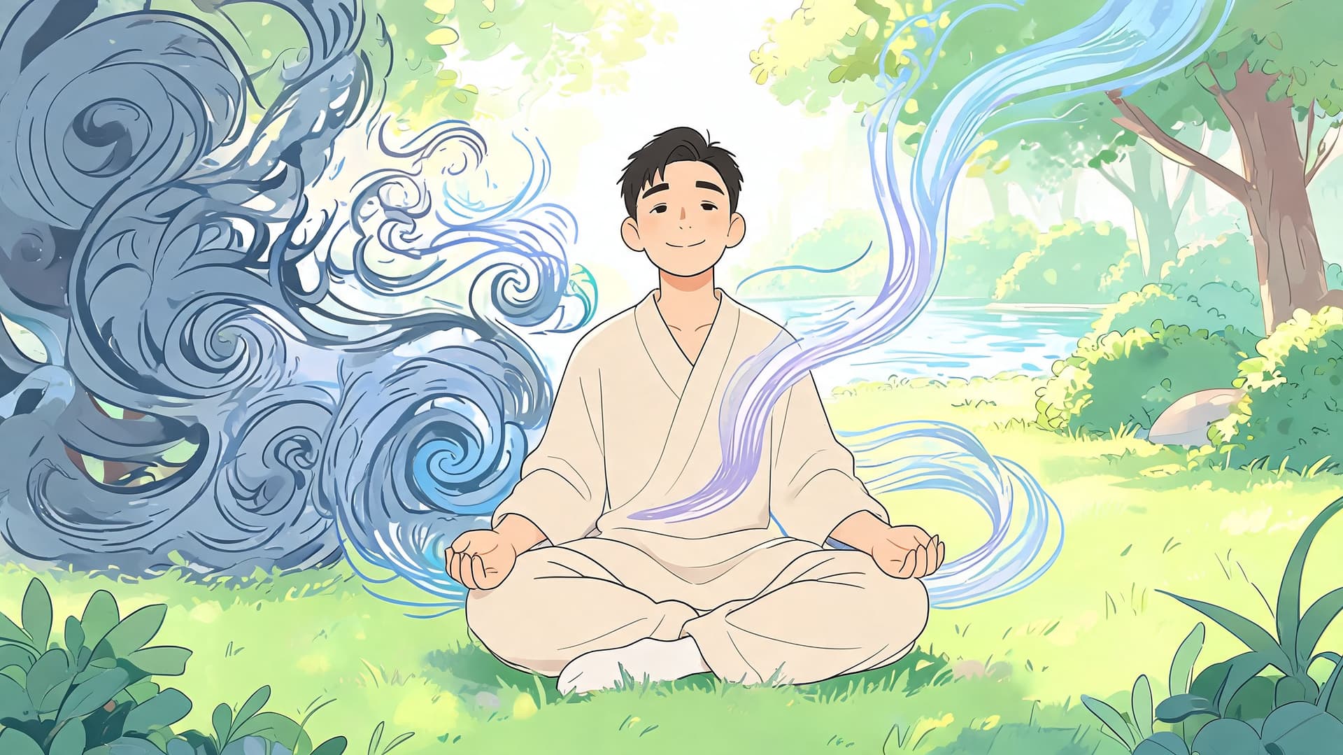 A young man sitting in a peaceful meditative pose surrounded by artistic swirling blue energy patterns.
