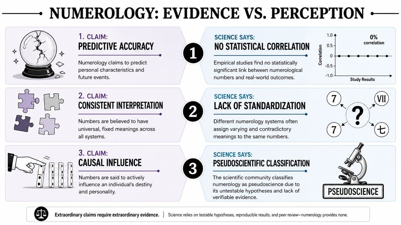 An infographic comparing numerology claims against scientific evidence, showing lack of correlation, standardization, and empirical support.