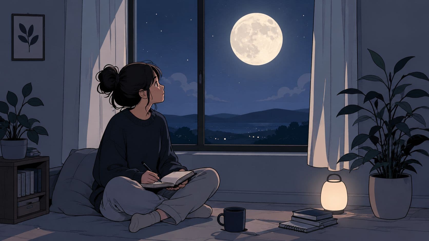 A young woman sitting on the floor in her bedroom at night, writing in a journal while looking at the full moon outside her window.