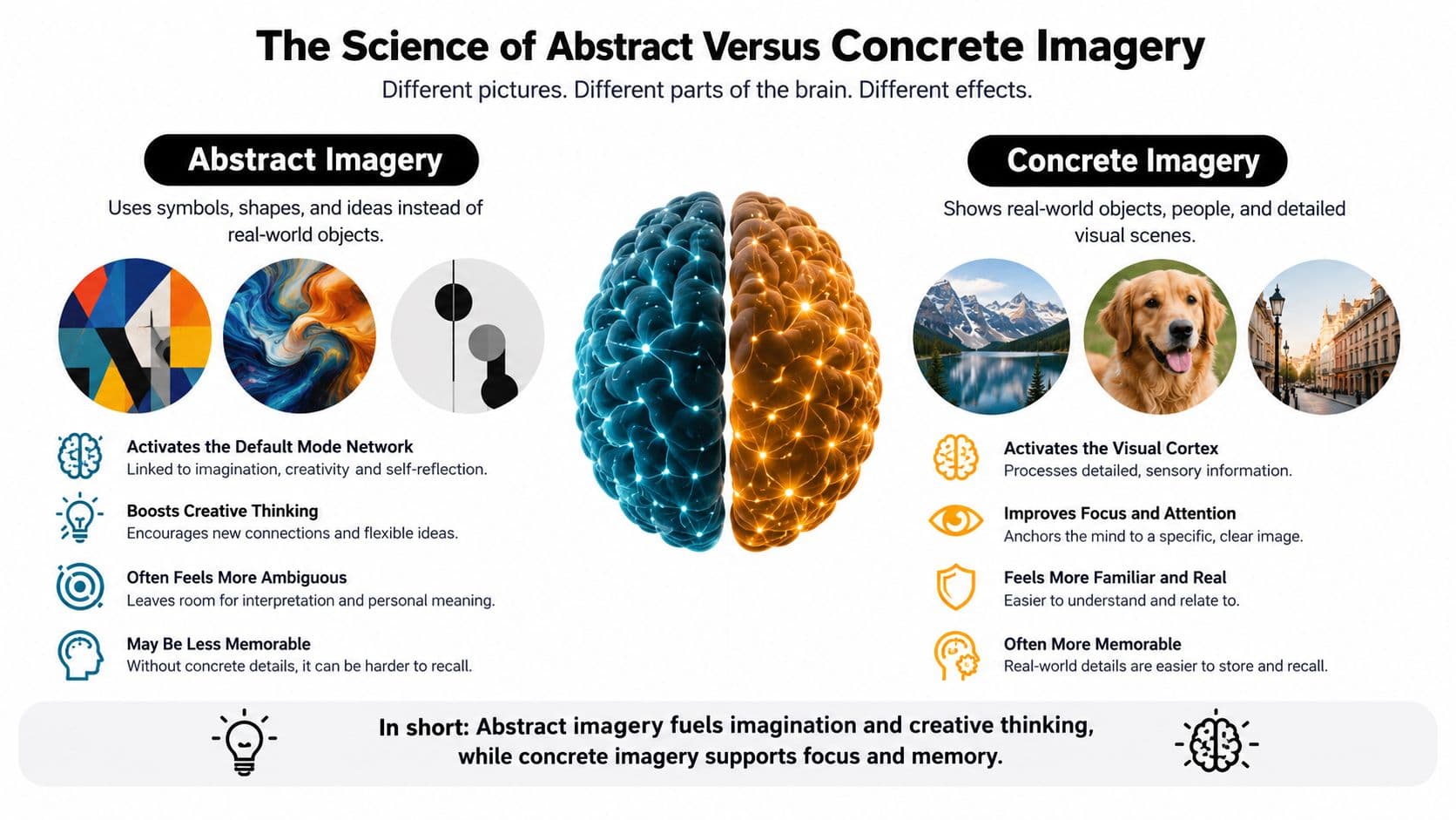 A comparison infographic showing how abstract imagery fuels creativity while concrete imagery supports focus and memory.