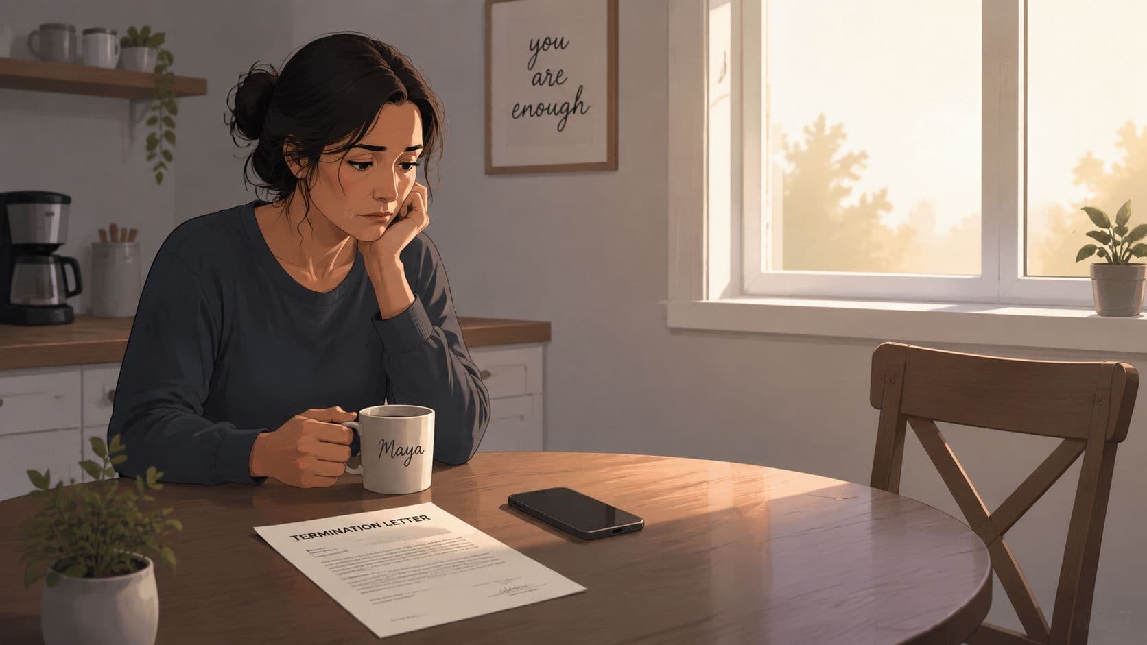 A sad woman holding a mug while sitting at a table with a termination letter.
