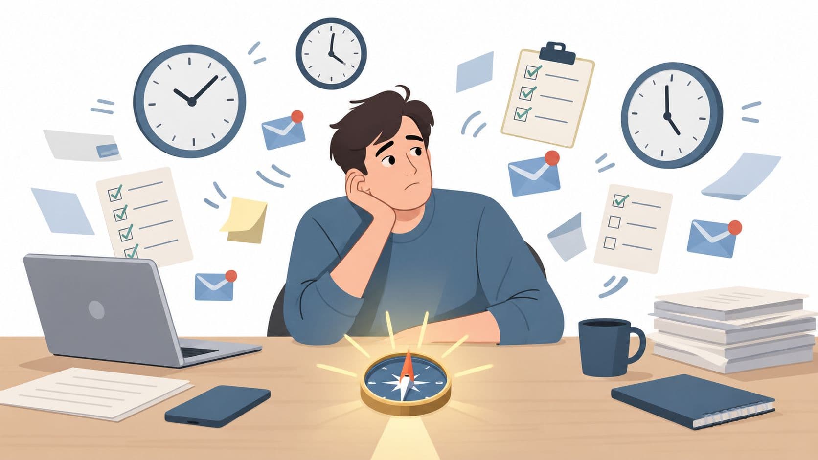 A person sitting at a cluttered desk looking overwhelmed by tasks, deadlines, and digital notifications.