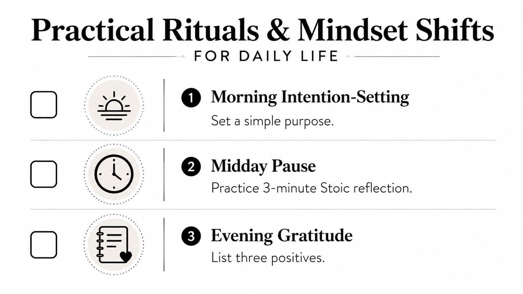 A checklist for practical daily rituals including morning intention setting, midday pause, and evening gratitude practices.