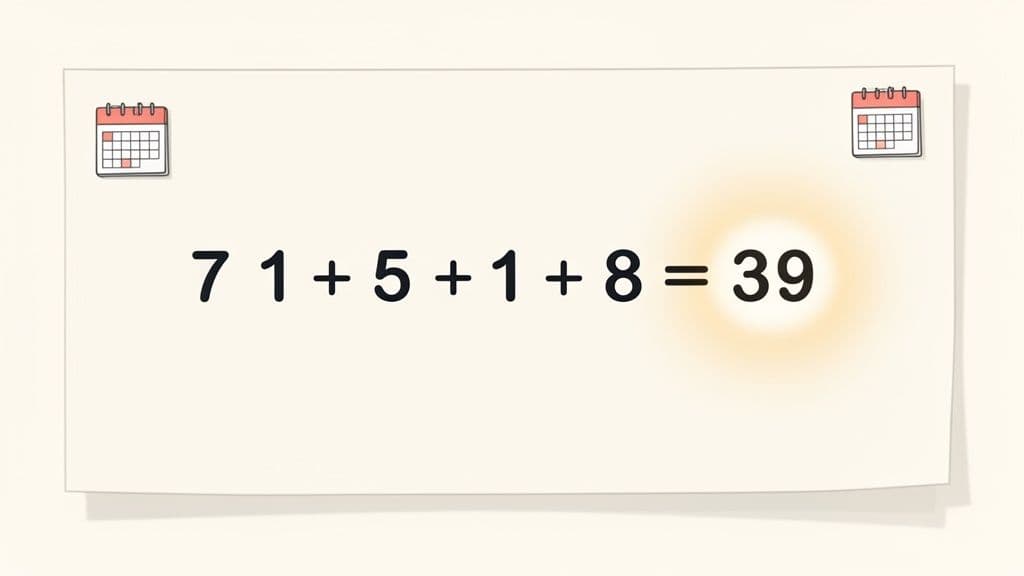 A math puzzle showing the equation 71 + 5 + 1 + 8 = 39 on a light background with two calendar icons.