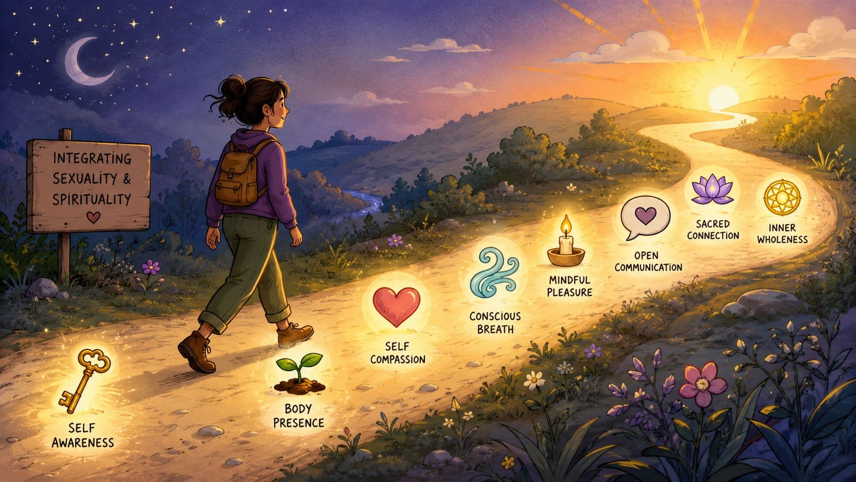 A person walks along a glowing path representing the journey of integrating sexuality and spirituality.