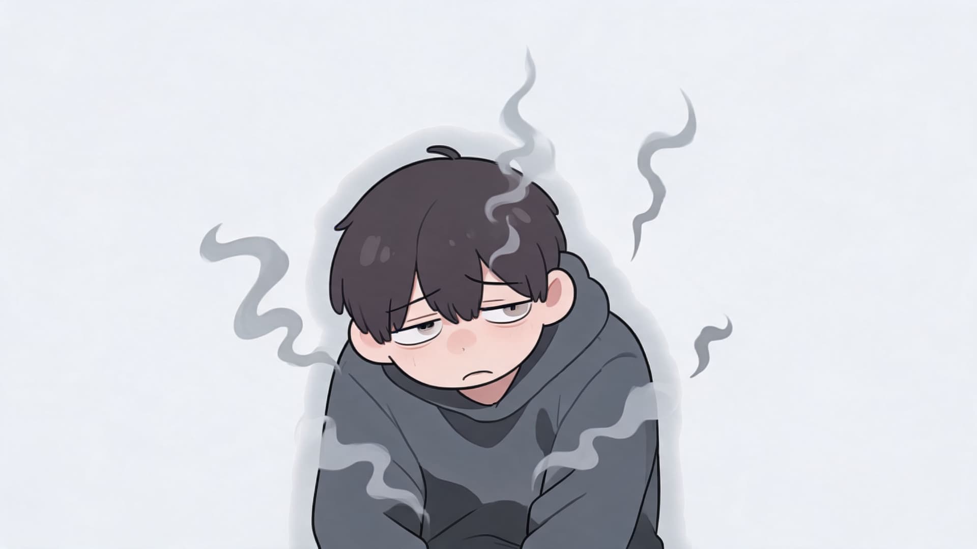A tired, exhausted young anime boy with dark hair wearing a gray hoodie emitting wisps of smoke.