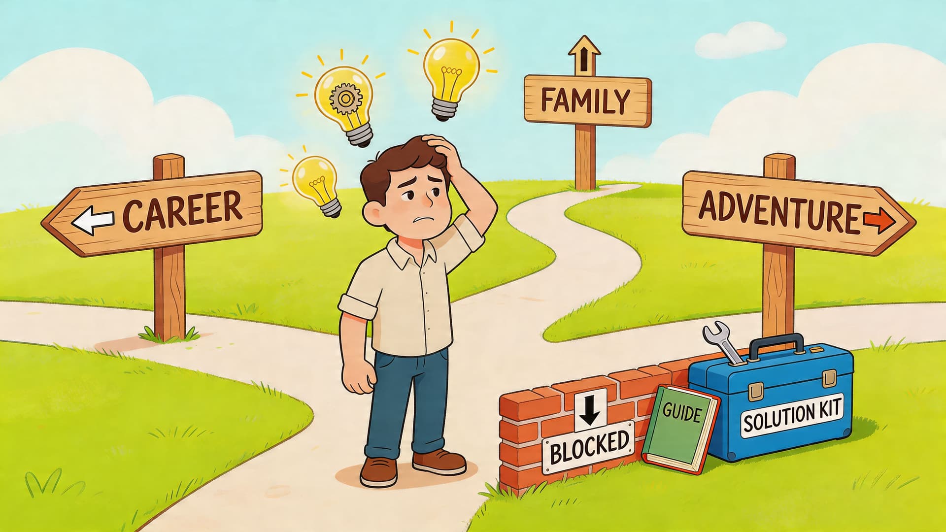 A confused young man standing at a crossroads deciding between career, family, and adventure life paths.