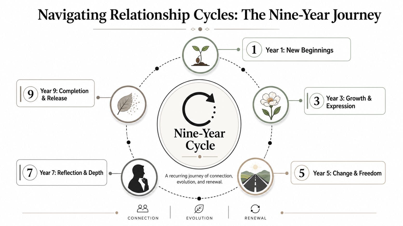 A circular infographic depicting the nine-year cycle of relationship growth, evolution, and personal renewal stages.