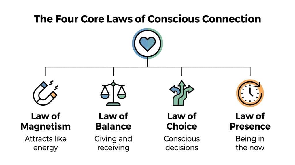 A diagram illustrating the four core laws of conscious connection: magnetism, balance, choice, and presence.