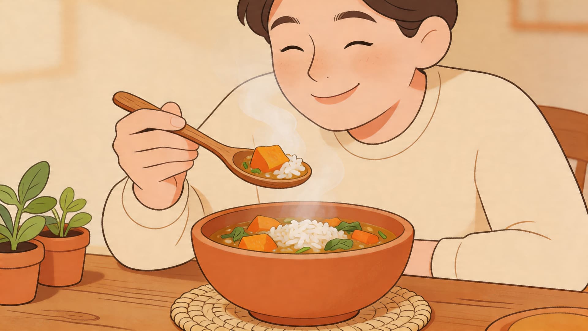A happy person enjoys a warm, nourishing bowl of rice and vegetable curry at a wooden table.