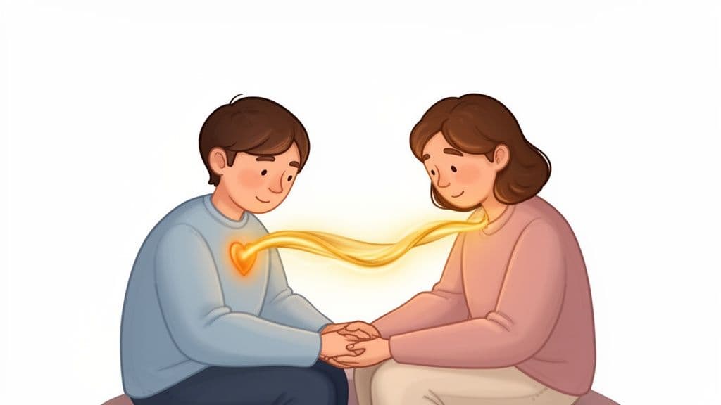 A man and woman holding hands, sharing glowing golden energy between their hearts.