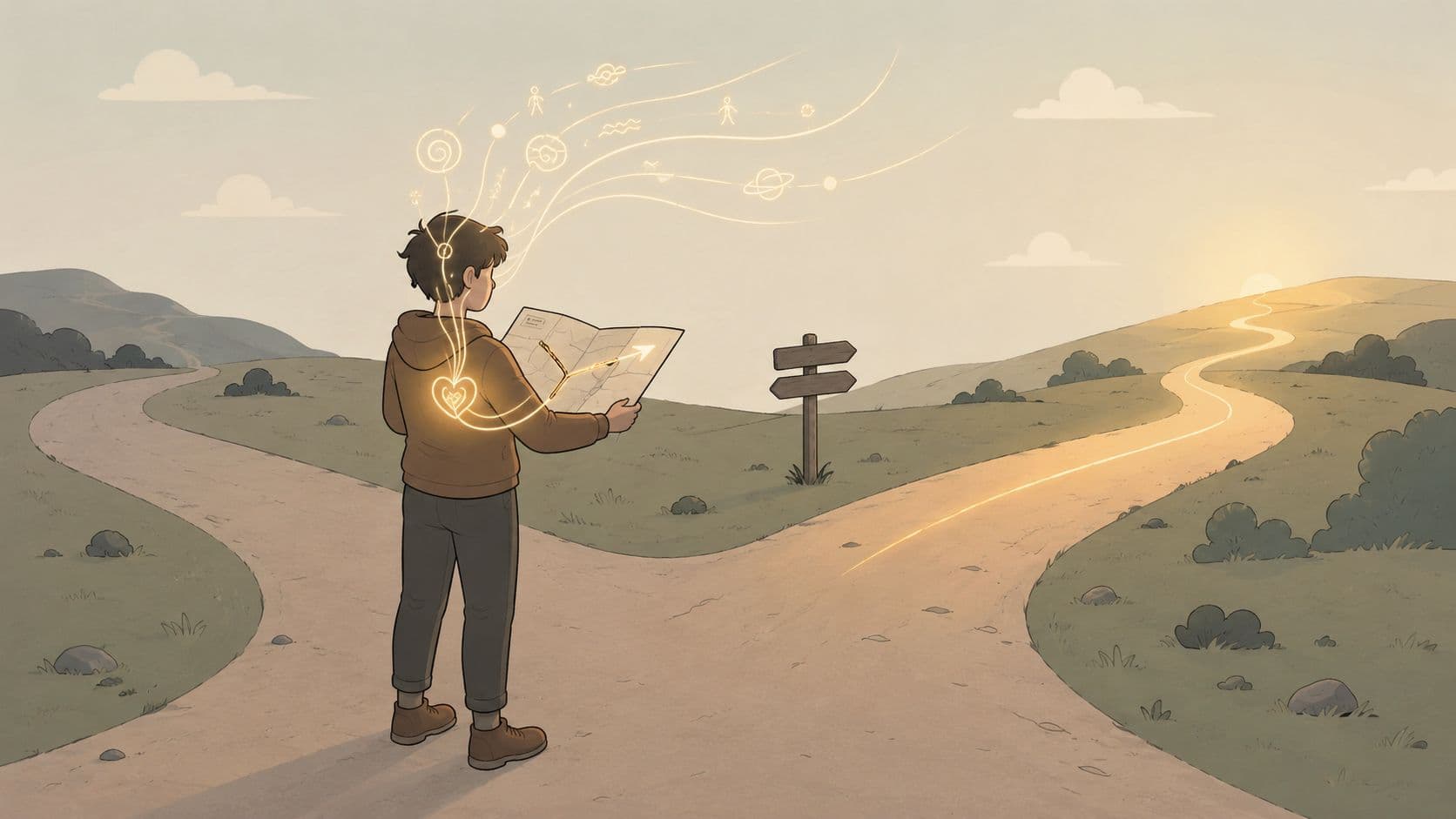A young person standing at a fork in the road, consulting a glowing map connected to their heart.