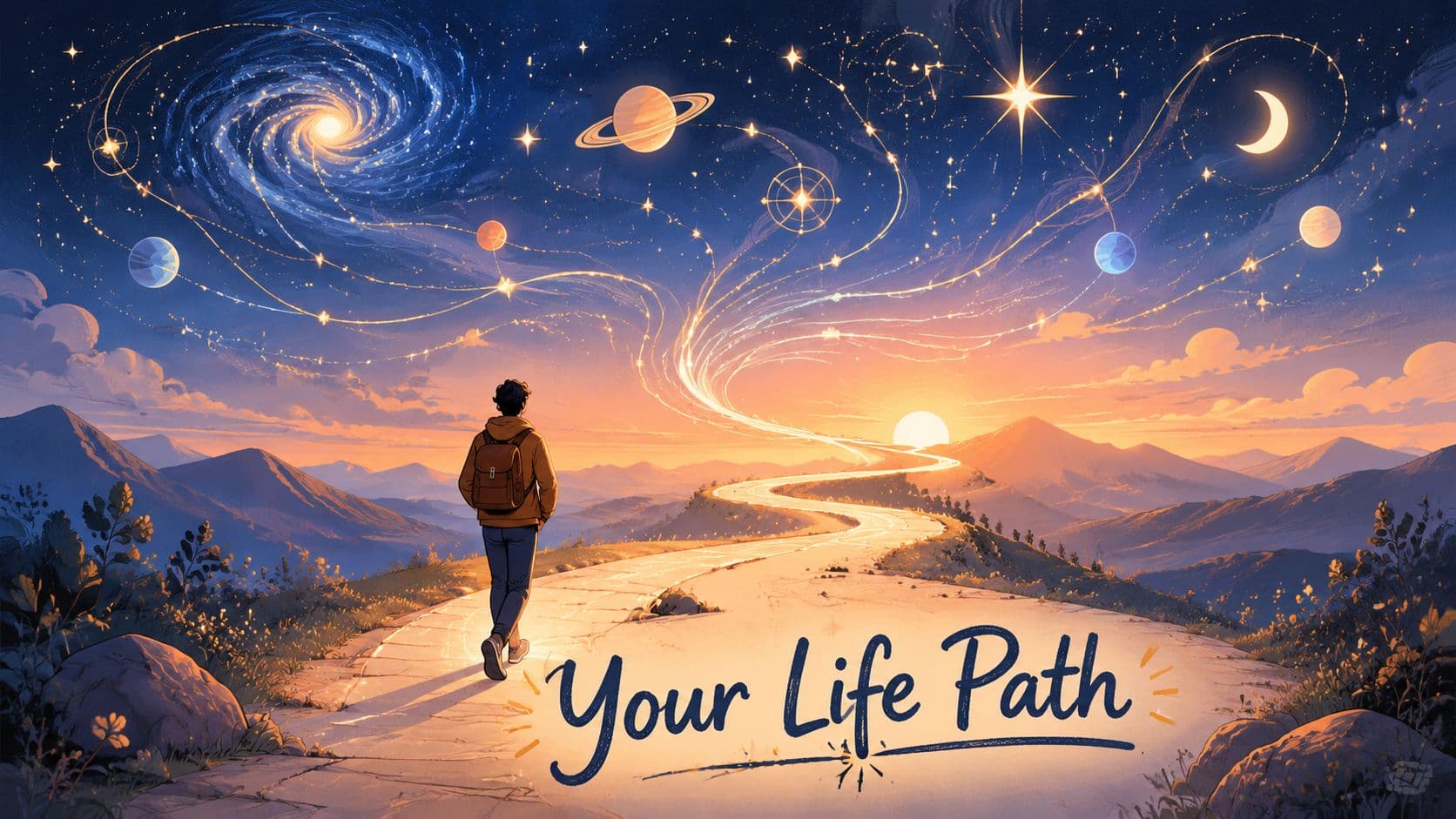 A traveler walking on a stone path toward a glowing sunrise under a celestial starry sky.