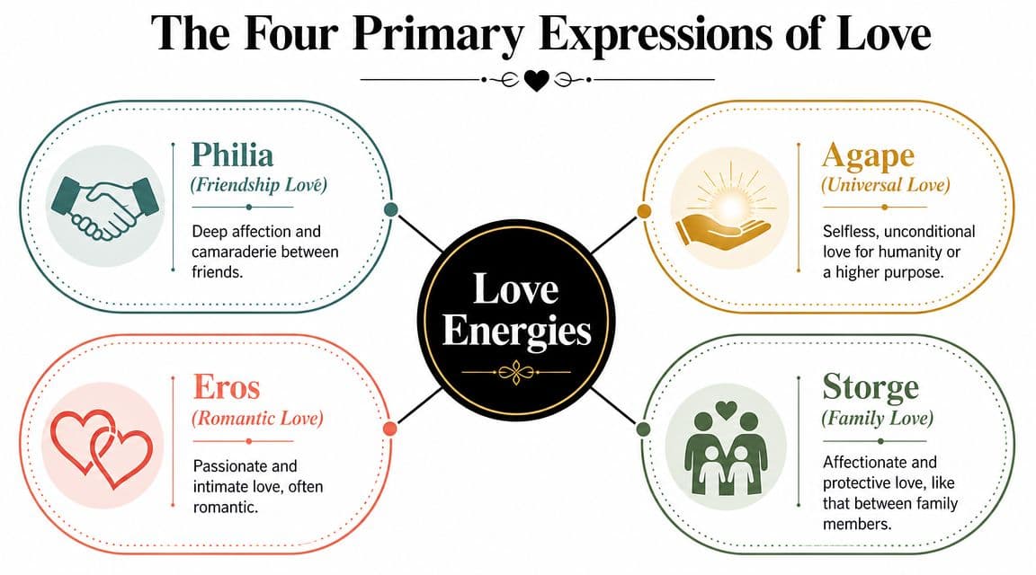 A diagram titled The Four Primary Expressions of Love showcasing Philia, Agape, Eros, and Storge as Love Energies.