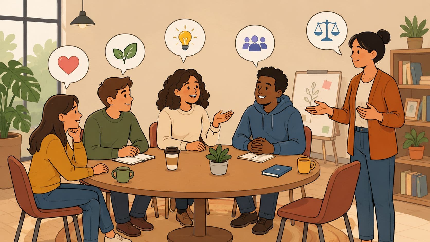 A diverse group of students sitting around a table having a discussion about core personal values.