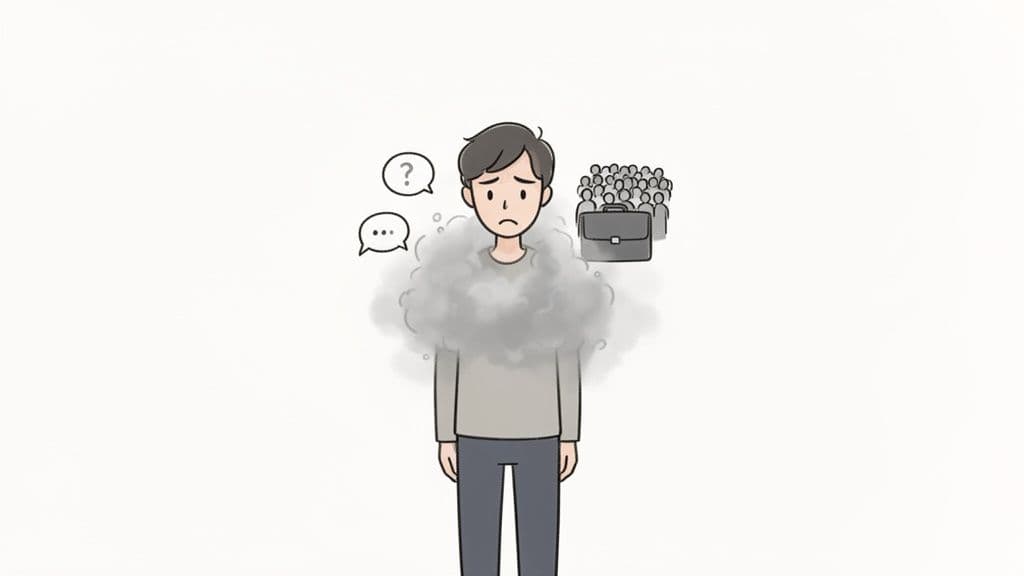 Illustration of a sad man engulfed in a grey cloud, with thought bubbles and work symbols, depicting stress.