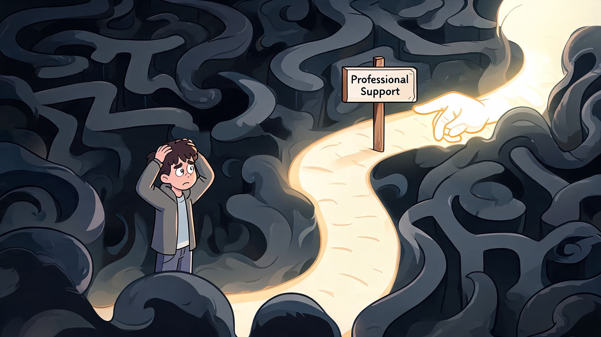 A worried young person stands in a dark, confusing maze looking toward a bright path marked Professional Support.