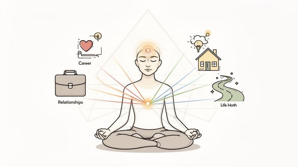 A person meditating with energy lines connecting their core to icons representing career, relationships, home, and life path.
