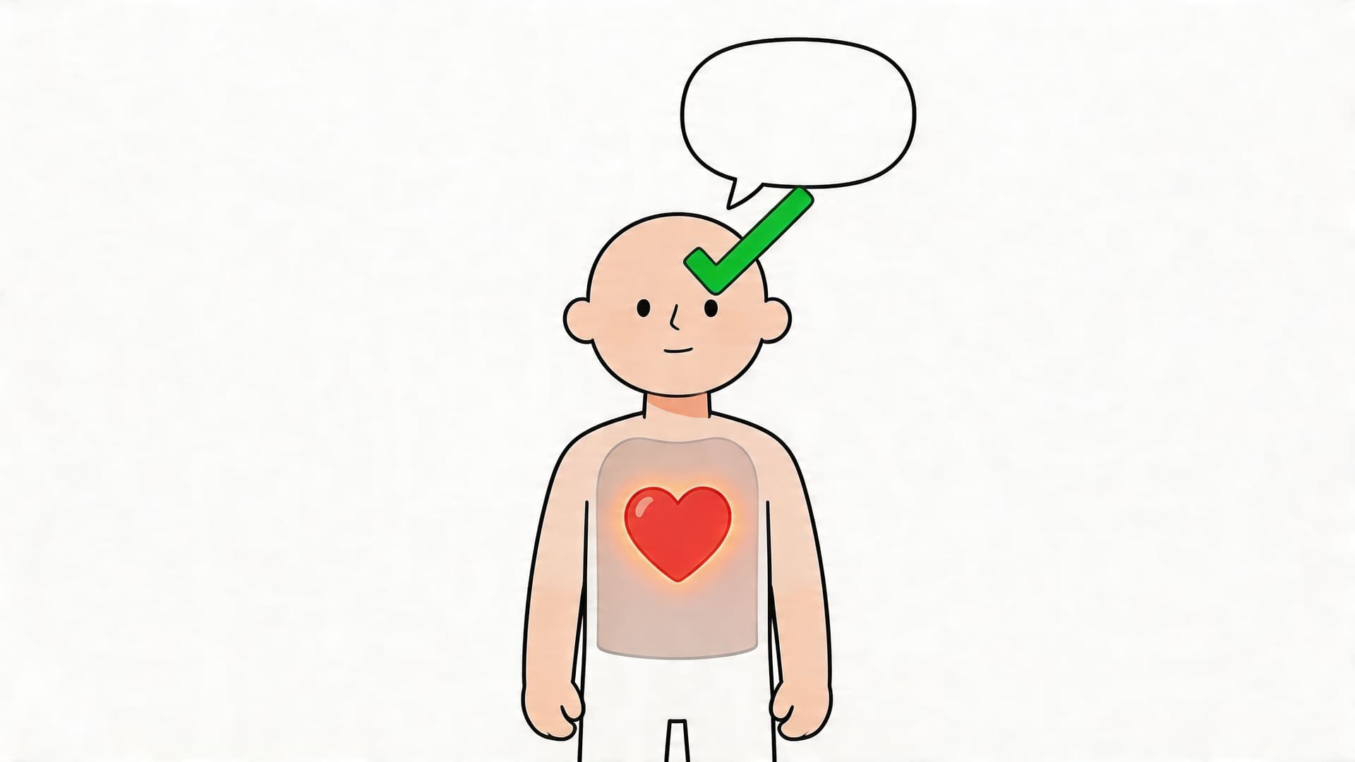 A cartoon illustration of a person with a glowing heart symbol and a green check mark.