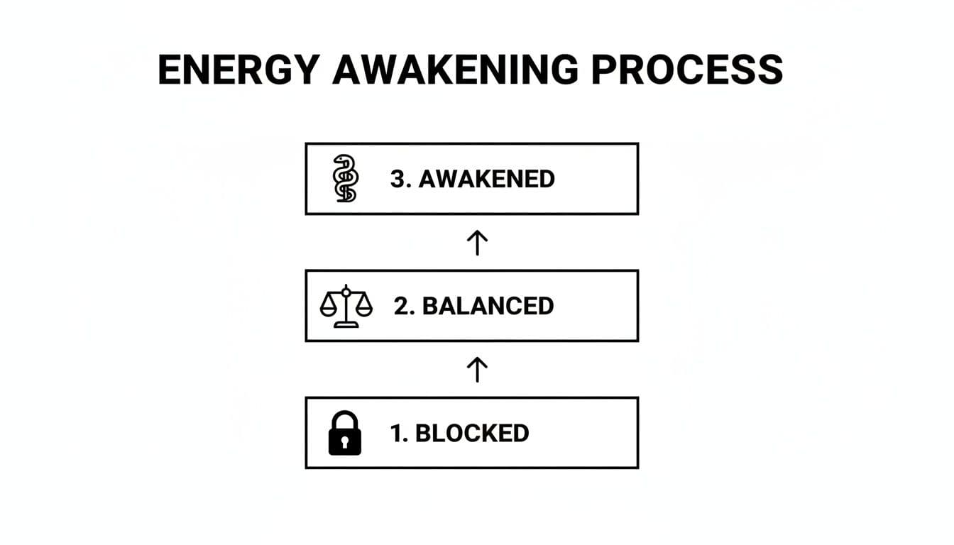 Diagram illustrating the three stages of energy awakening: blocked, balanced, and awakened, with corresponding icons.