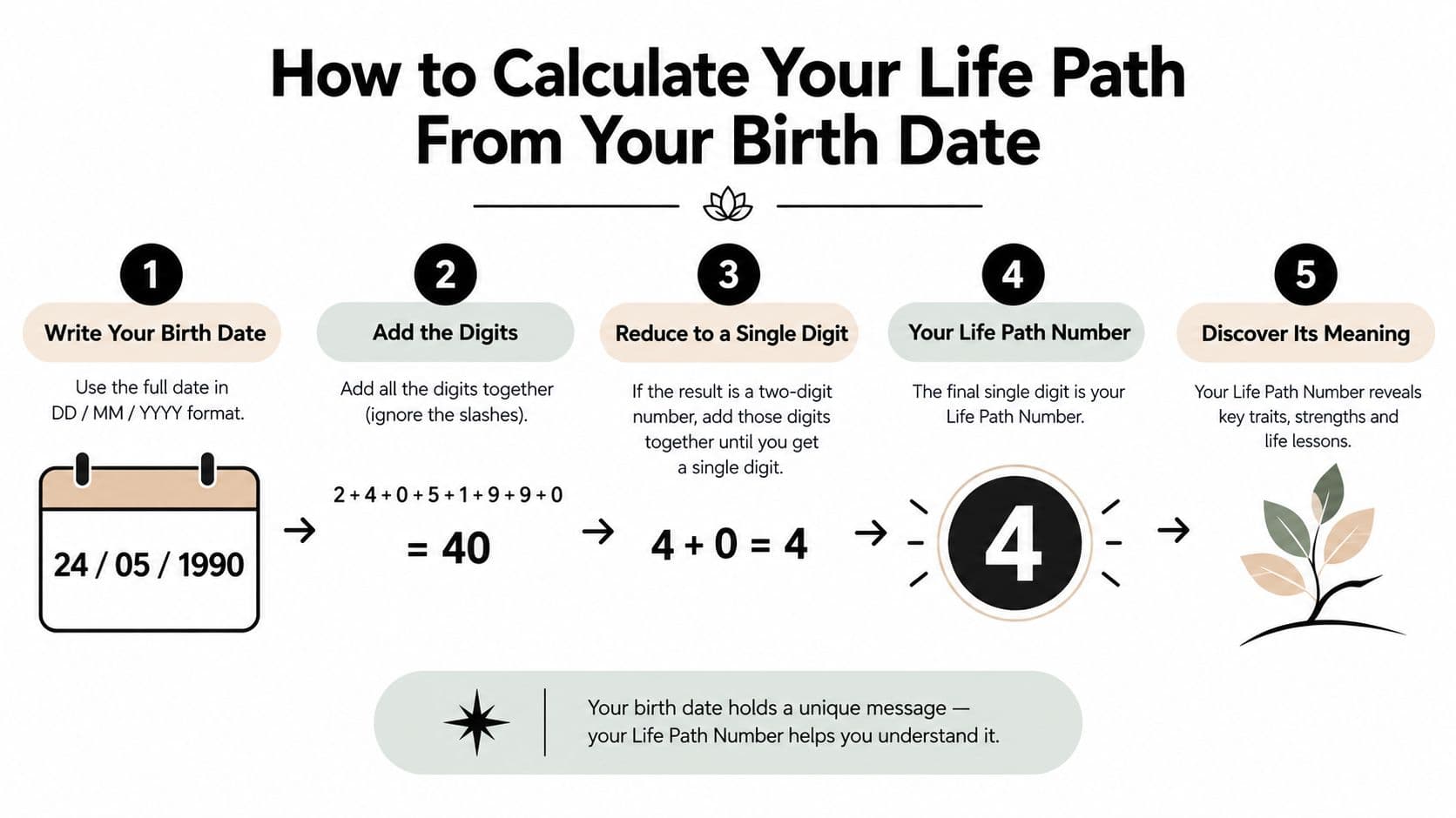 An infographic titled How to Calculate Your Life Path explaining the steps to find your numerology number.