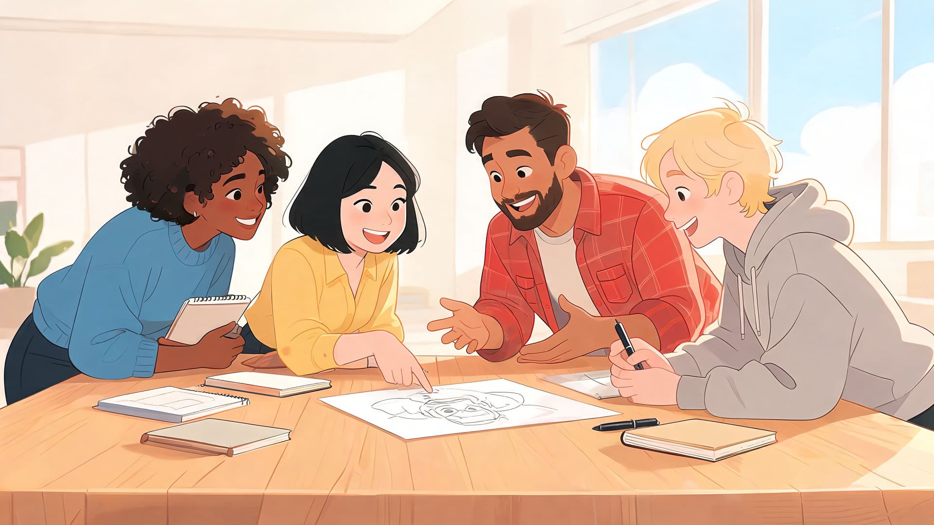 A diverse group of four students collaborating around a wooden table while brainstorming and sketching on paper.
