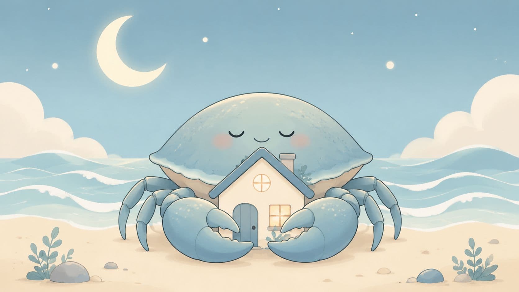 A cute, smiling blue crab on a sandy beach holding a cozy house under a crescent moon.
