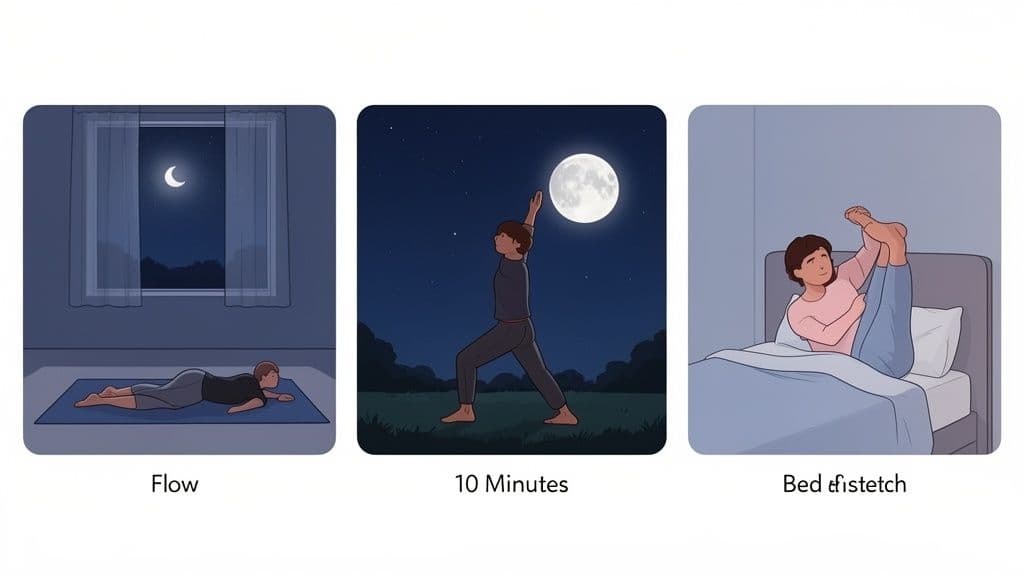 Three illustrations of people doing yoga and stretches at night, featuring a crescent and full moon.
