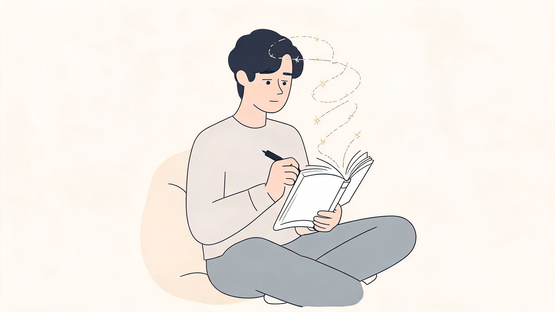 A young man sitting comfortably while writing in a notebook with glowing magical swirls above his head.