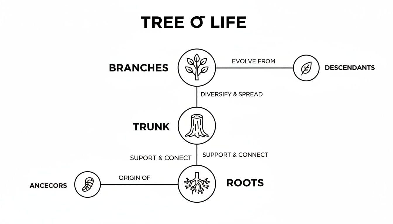 A diagram illustrating the Tree of Life concept with branches, trunk, and roots connected to ancestors and descendants.