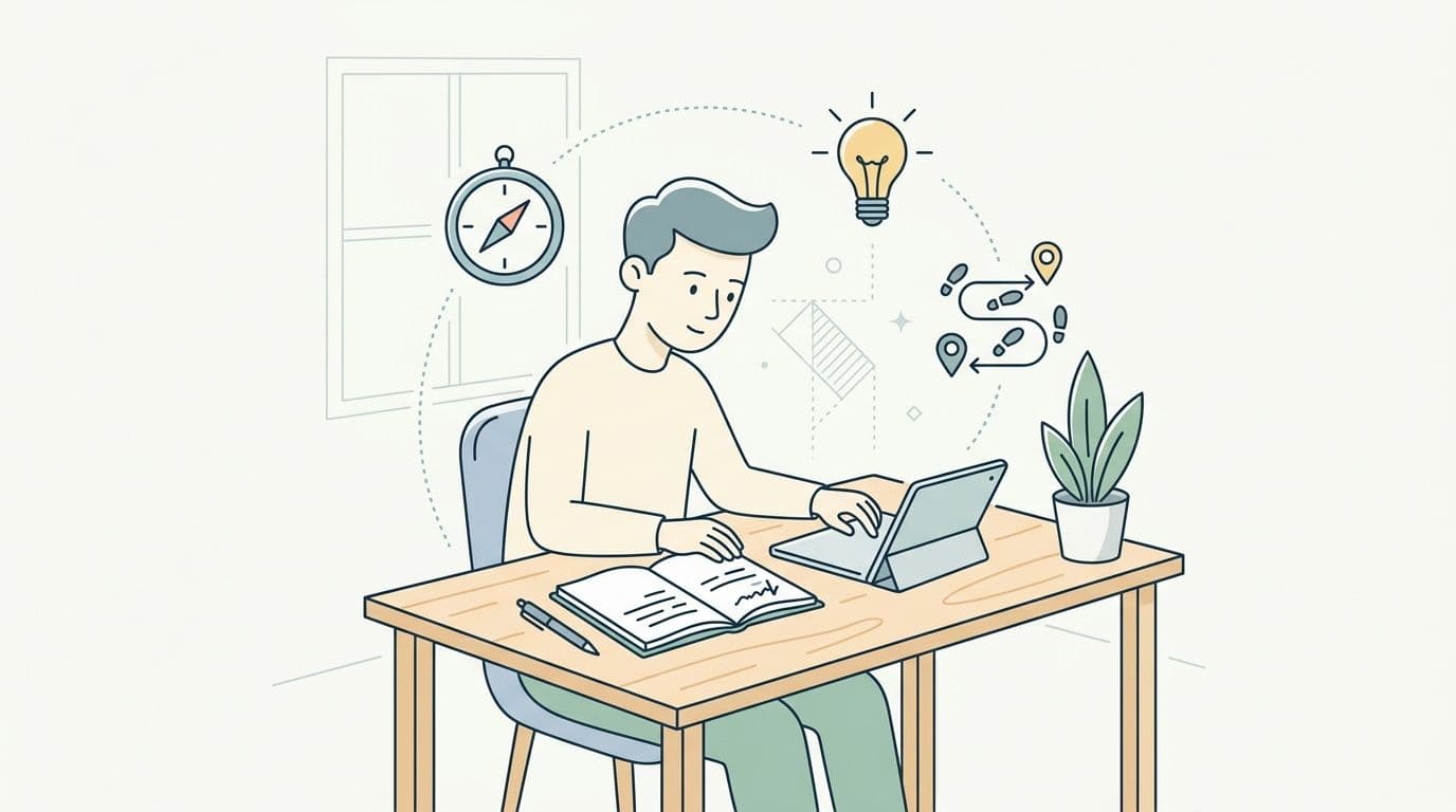 A person sitting at a desk with a notebook and laptop illustrating life purpose and planning.