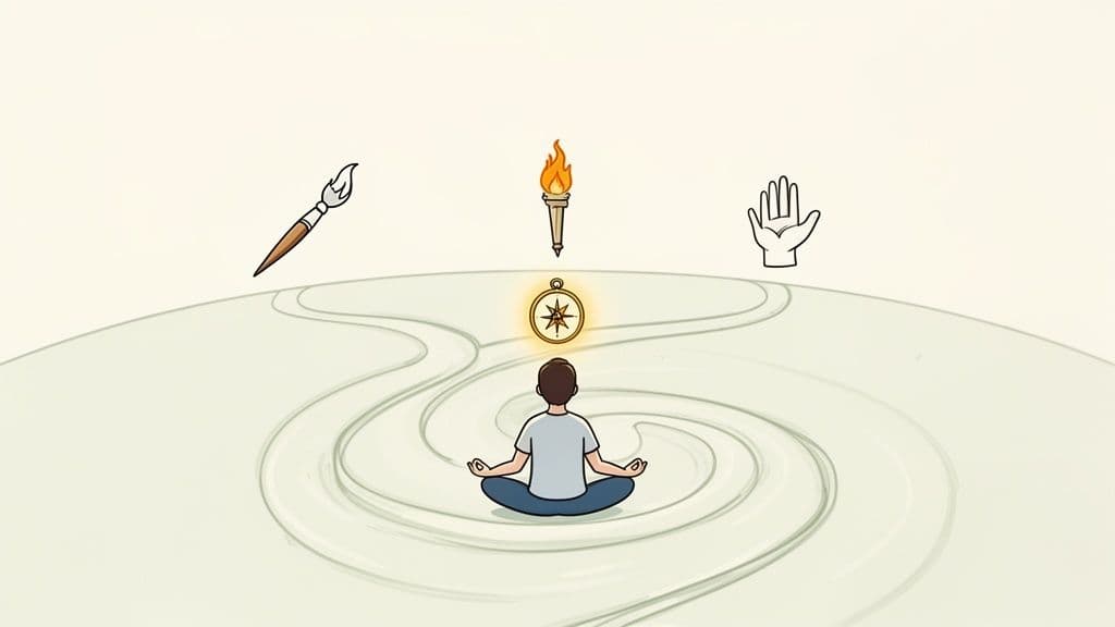A person meditating with a glowing compass, paintbrush, torch, and an open hand overhead.
