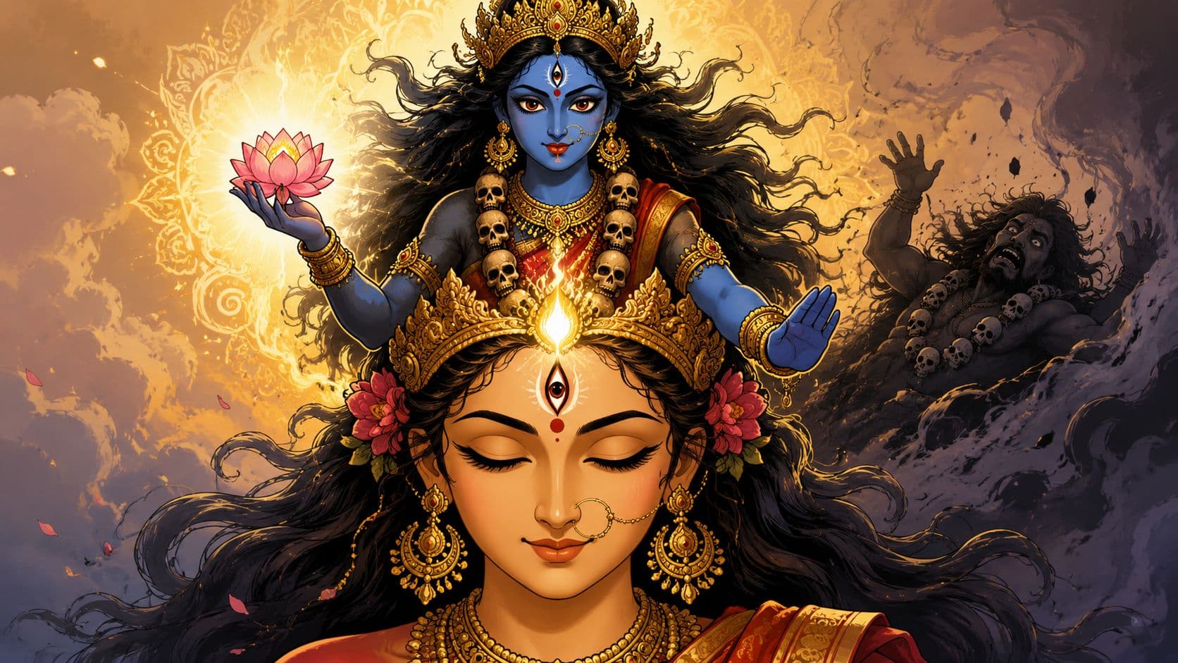 A powerful artistic depiction of Goddess Kali and her peaceful form surrounded by divine light and ethereal energy.