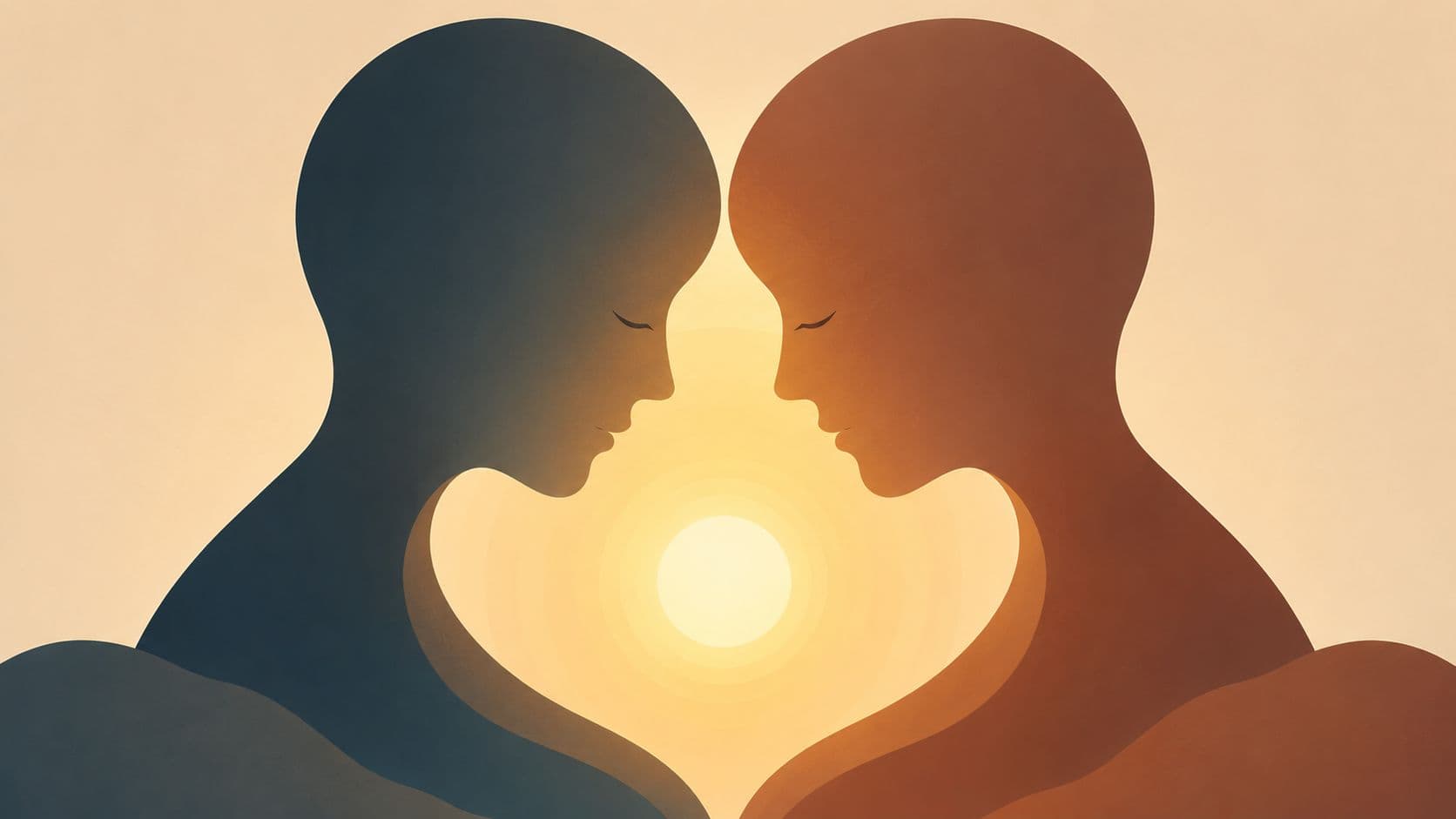 Two silhouettes of heads facing each other against a soft golden sun, representing love and connection.