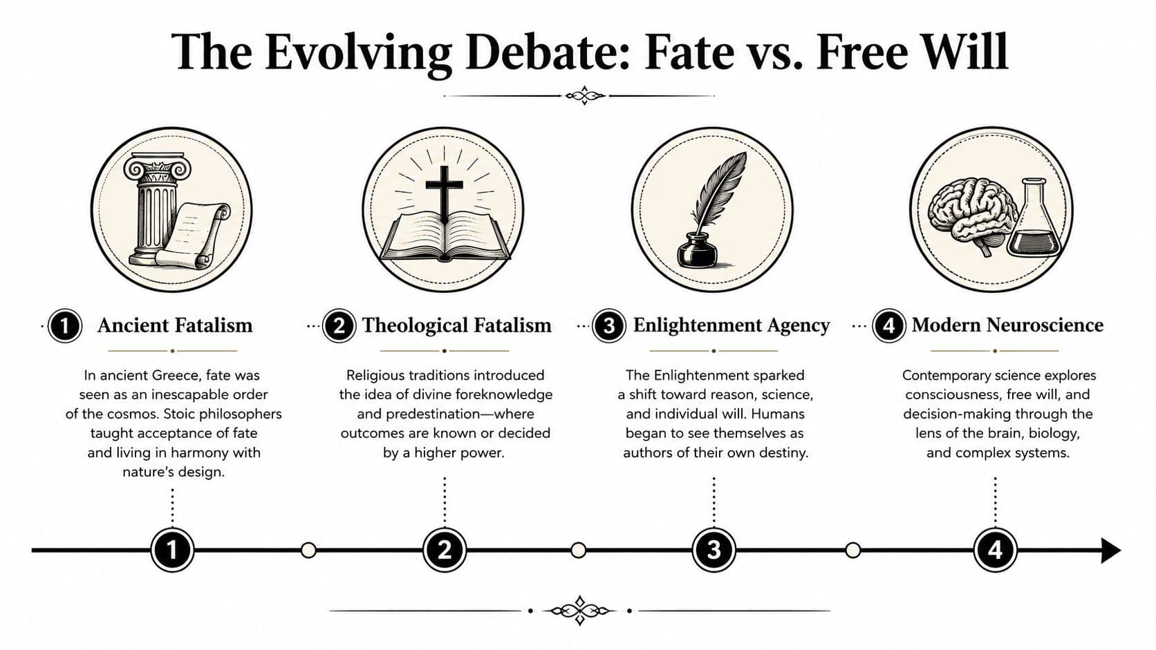 A timeline graphic illustrating the evolution of the debate between fate and free will across historical eras.