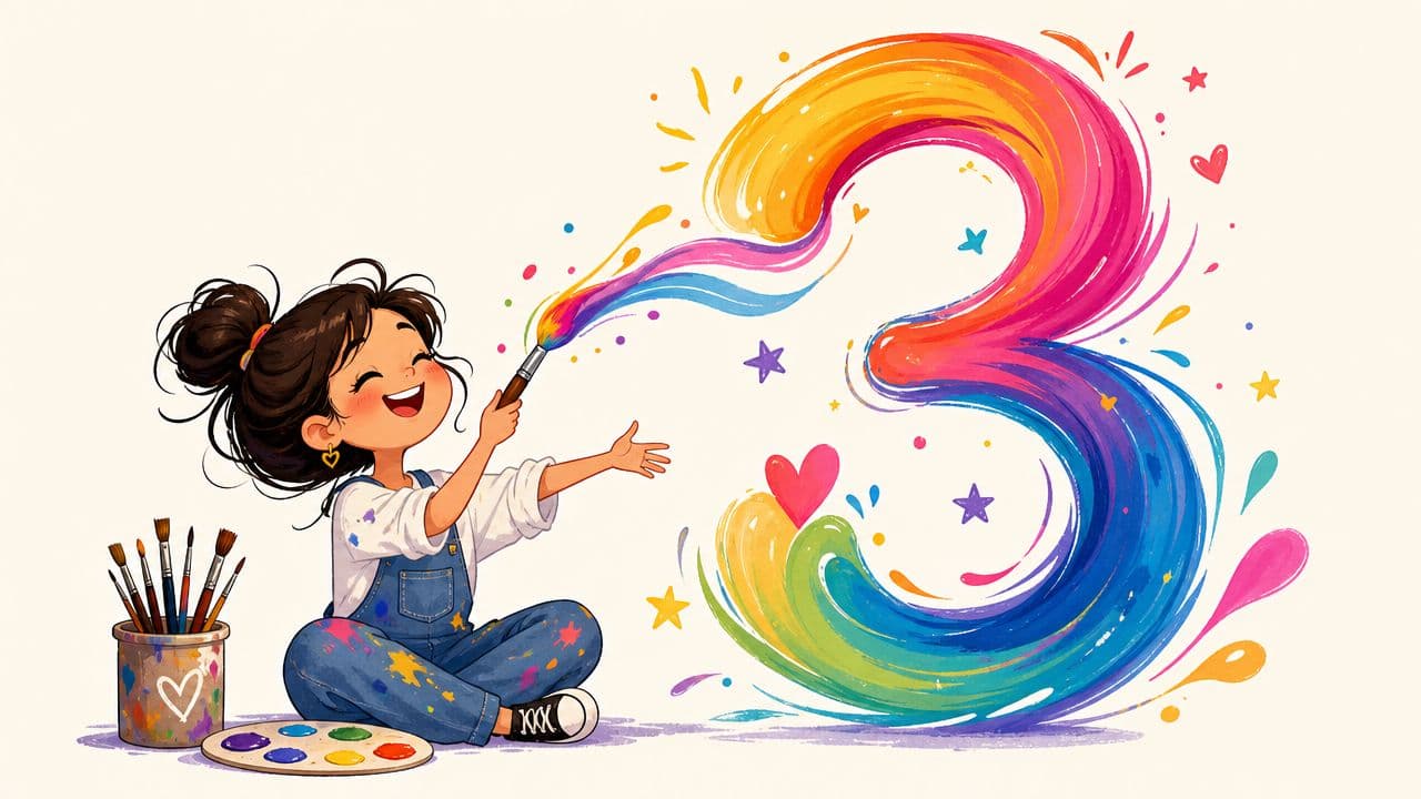 A happy young girl painting a large, vibrant, colorful rainbow number three with a brush.