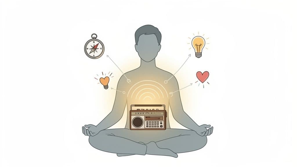 Illustration of a meditating person with a radio in their chest emitting signals to compass, hearts, and lightbulbs.